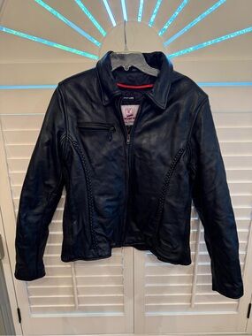 Real Work Wear Black Leather Motorcycle Biker Jacket Zip-Out Liner – Size Large
